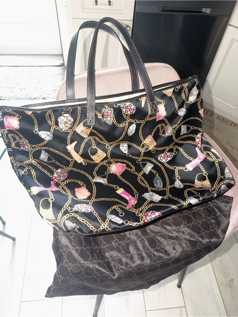 Gucci Black Tote with Gold Chain & Pink Accents